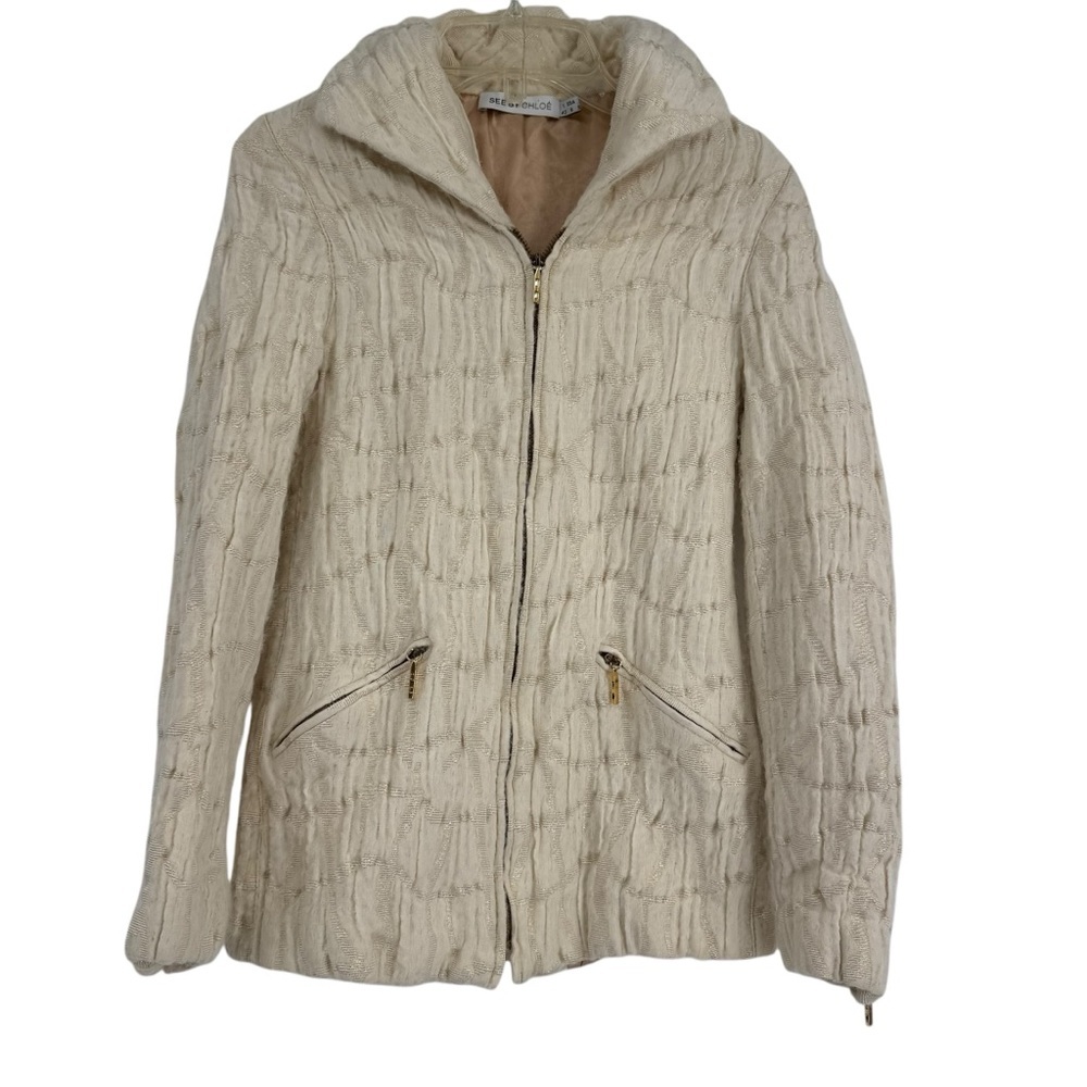 See By Chloe Women’s Size 6 Cream Mid Coat Jacket Designer Italy luxury Zip Up